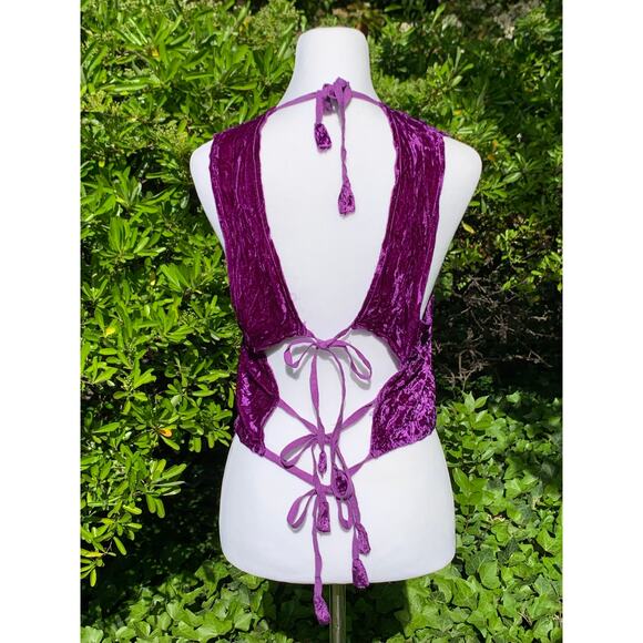 90s Crushed Velvet Festival Top Purple Boho Hippie Embroidery Tie Back Coachella - Picture 3 of 9